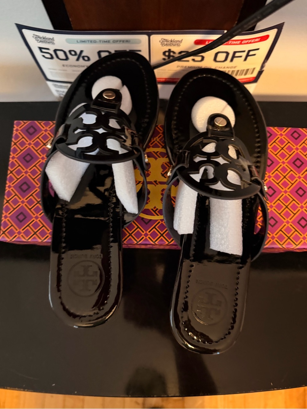 Tory Burch Black Patent Logo Cutout Kids Sandals